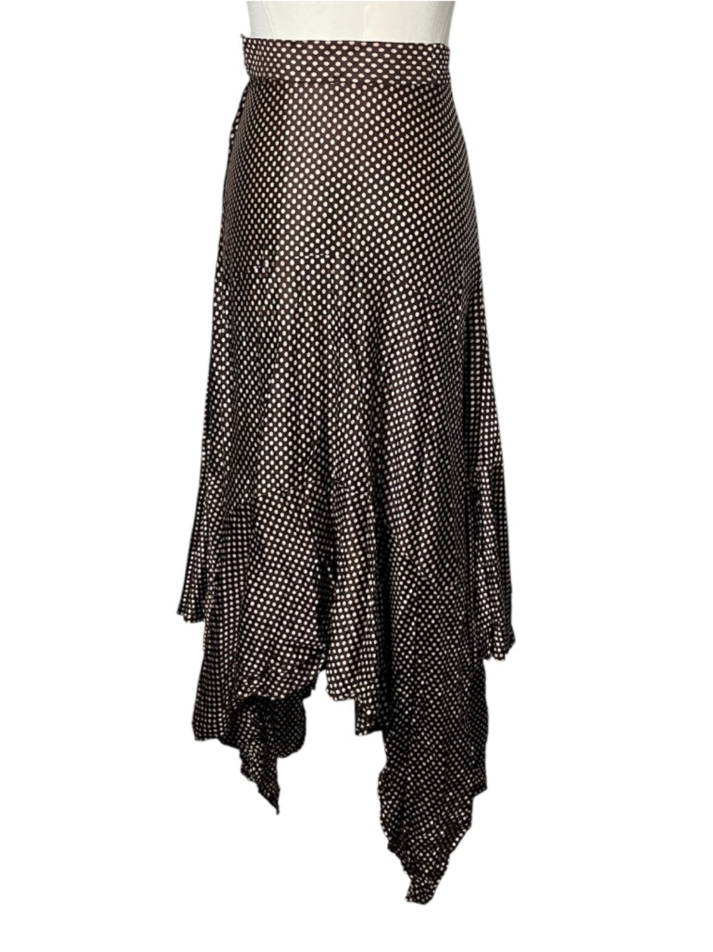70s Vintage Chocolate Brown Polka Dot Handkerchief Hem Midi Skirt